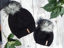 Load image into Gallery viewer, Mommy and Me Knit Hats - Black/Grey Pom
