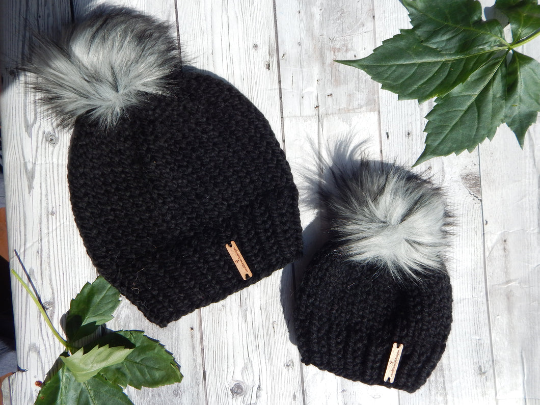 Mommy and Me Knit Hats - Black/Grey Pom