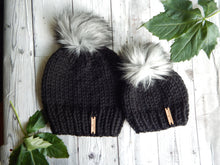 Load image into Gallery viewer, Mommy and Me Knit Hats - Black/Grey Pom
