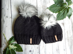 Mommy and Me Knit Hats - Black/Grey Pom