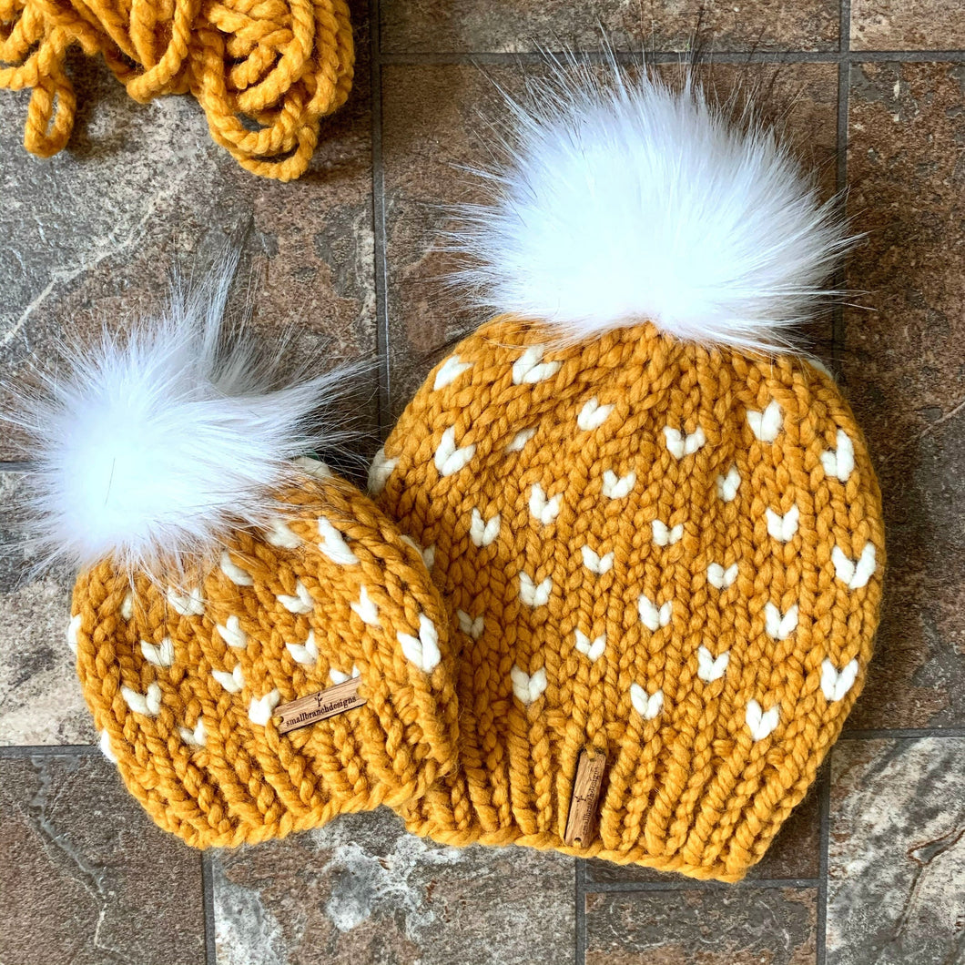 Mommy and Me Knit Hats - Yellow/White Tiny Hearts